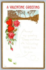 A Valentine Greeting, Rhyme, Red Roses, Hearts, Vintage Postcard #3, V-147