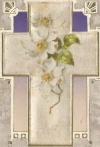 White Silk Cross with White Crab Apple Blossoms Vintage Postcard Easter Greeting