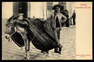 Spain Sevilla Vintage Postcard Costumbres del Pais Peddler with donkey
