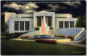 Joel Hurt Memorial Fountain Showing Municipal Auditorium Atlanta GA Postcard