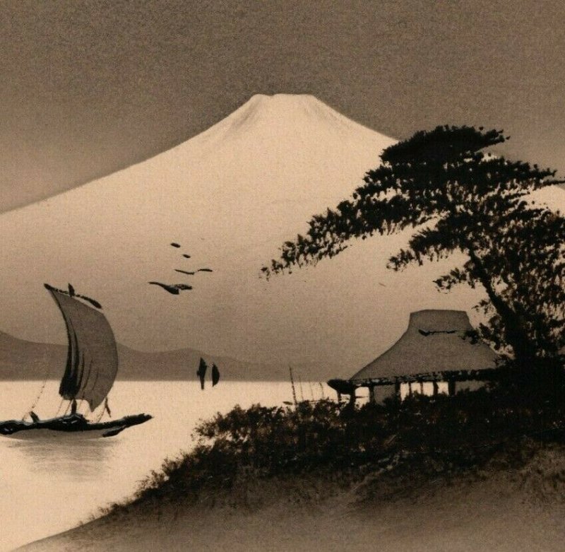 Hand Painted Mount Mt Fuji Boat Bird Mountain House Fab Japan Vintage Postcard 