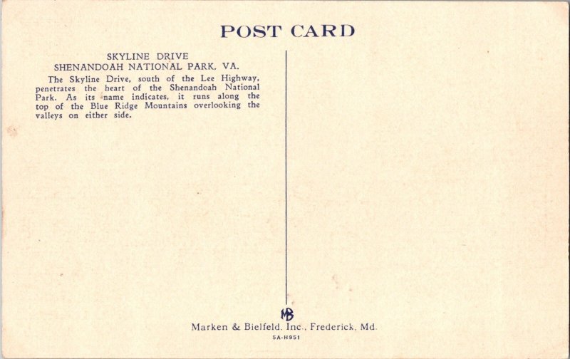 SKYLINE DRIVE, SHENANDOAH NATIONAL PARK, Virginia Vintage Postcard KE2
