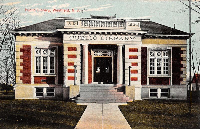 Westfield New Jersey Public Library Street View Antique Postcard K33424