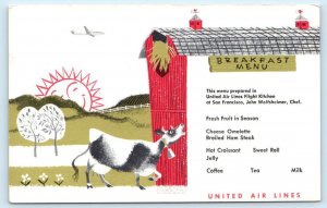 UNITED AIR LINES Airlines Advertising  BREAKFAST MENU Cow Barn  Postcard