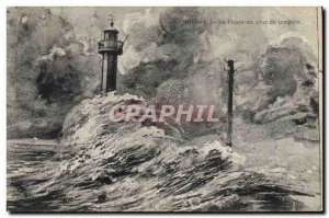 Old Postcard Lighthouse one day storm Dieppe