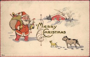 CHRISTMAS Santa Claus Cute Pitbull Pit Bull Dog Dogs Antique Postcard