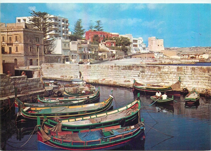 Postcard Malta st. paul's bay fishing harbour boat ship port city architecture