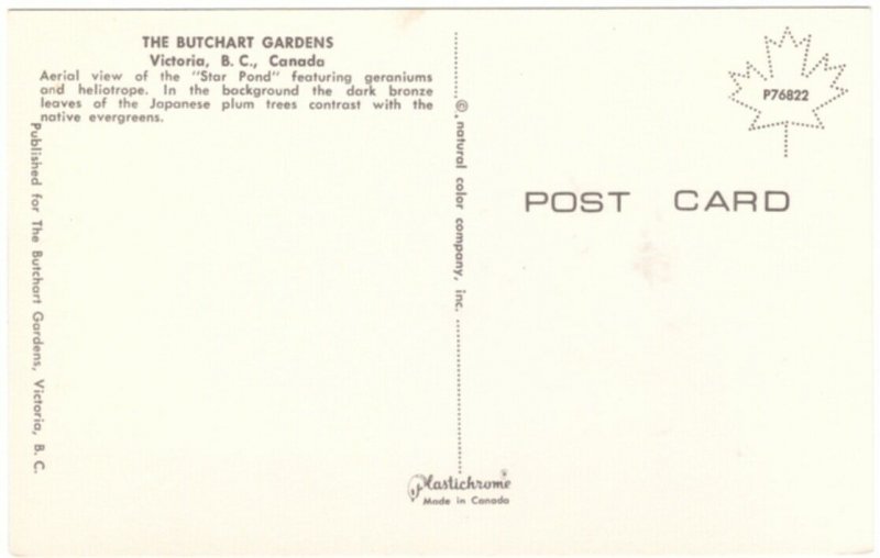 Star Pond, Butchart Gardens, Victoria, British Columbia, Vintage Postcard #3