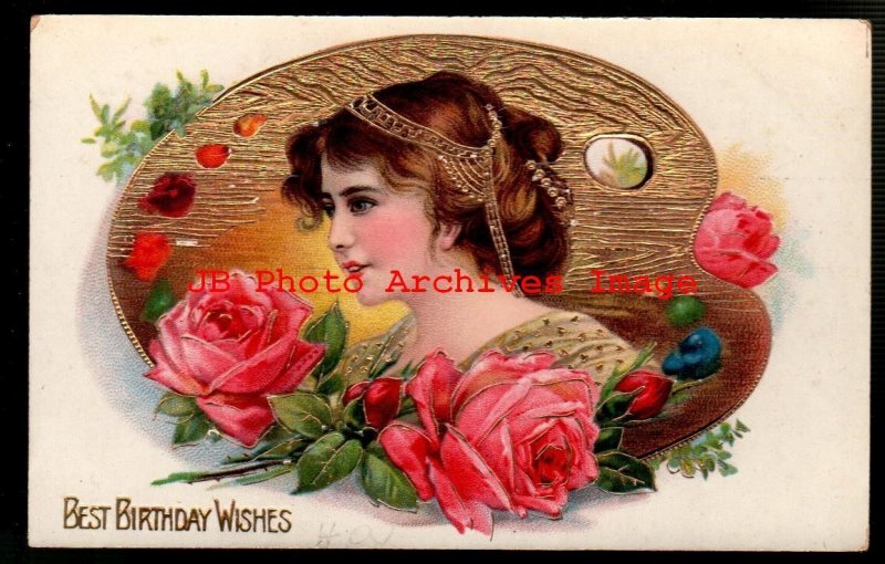 Birthday Greeting, Samson Bros No 7065, Gelatin, Pretty Woman on Palette, Roses