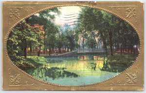 1909 Peoria IL Glen Oak Park Bridge Pond Trees Postmarked Vintage Postcard