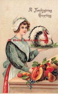 Thanksgiving, GGK No 278, Woman with White Turkey on Platter,Table Full of Fruit