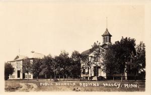 Browns Valley Minnesota~Public Schools~2 Buildings~Trees in Front~1930s RPPC