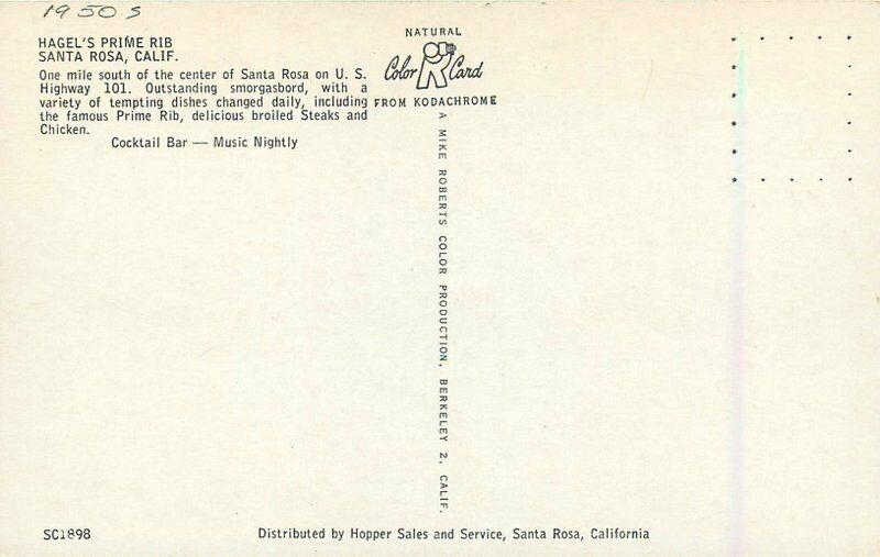 1950s Hagel's Prime Rib Santa Rosa California Roberts Postcard 3440