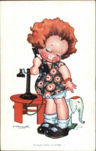 Art Deco Little Girl Elephant Toy Flirting on Telephone Vanasek French Adv PC