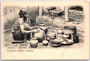 VINTAGE POSTCARD WOMAN CLEANING BRASS VESSELS IN BRITISH INDIA c. 1900