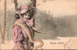 New Year Bonne Annee Beautiful Girl Wearing Large Hat 1906