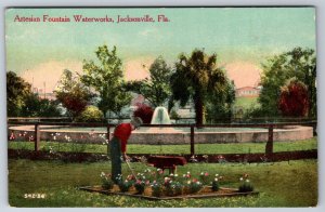Jacksonville Florida~Artesian Fountain Waterworks~Gardener @ Flower Bed~c1910