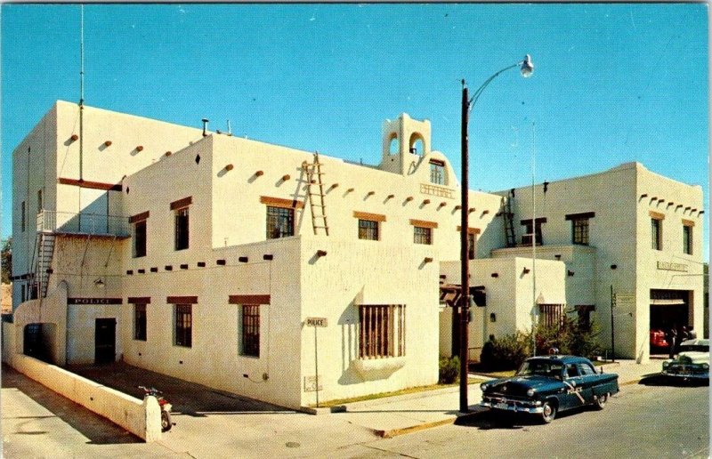 Las Cruces, NM New Mexico  CITY HALL~POLICE/FIRE STATION 50's Squad Car Postcard