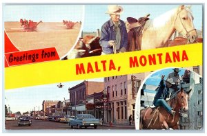 c1950's Greetings from Malta Montana MT Horse Street Equipment Vintage Postcard