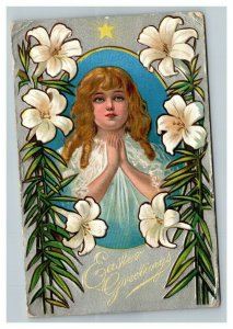 Vintage 1909 Winsch Back Easter Postcard - Cute Girl White Dress Shining Star