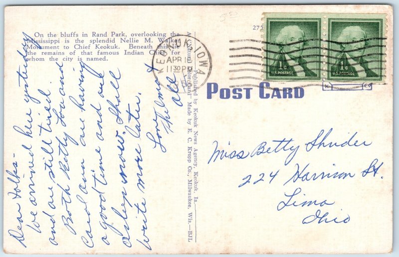 c1940s Keokuk, IA Chief Monument Rand Park Linen Postcard Native American A89