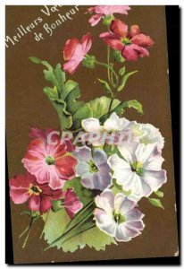 Old Postcard Fancy Flower Best wishes for happiness