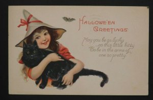 1928 Halloween Postcard Girl in Witch's Hat holding a Black Cat, Mount Joy, PA