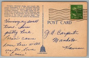 Postcard Washington DC c1930s Arlington Memorial Bridge And Lincoln Memorial