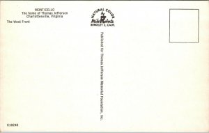 Vtg Monticello Home of Thomas Jefferson Charlottesville Virgina VA Postcard