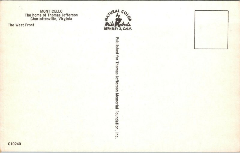 Vtg Monticello Home of Thomas Jefferson Charlottesville Virgina VA Postcard