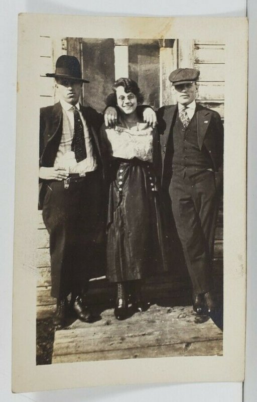 Rppc c1920 Trio Woman & Two Gents One in the Style Peaky Blinders Postcard Q13