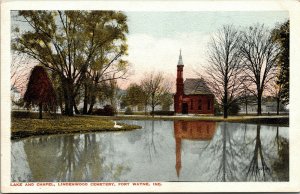 Postcard IN Fort Wayne Lake and Chapel Lindenwood Cemetery White Swan C.1920 M17