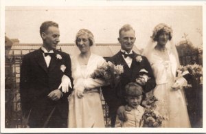 RPPC Double Wedding Party Twin Bride and Groom c1920 Real Photo Postcard Y11