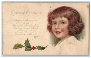 c1910's Christmas Greetings Little Girl Holly Berries Scranton PA Postcard