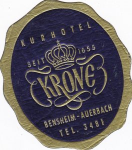 Germany Bensheim-Auerbach Kurhotel Krone Vintage Luggage Label sk2312