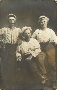 c1910 RPPC Studio Photo Postcard 3 Working Class Guys Smoking Cigars, Unknown US