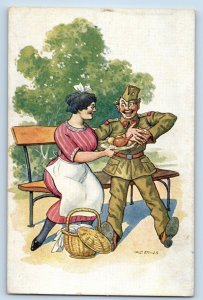 Comic Humor Postcard Military Soldier Woman Bring Him Food WWI c1910's Antique