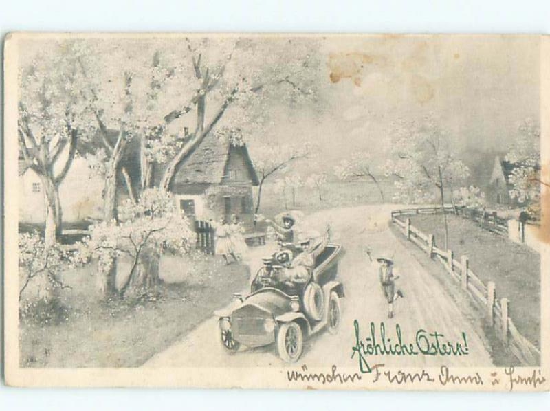 foreign Pre-Linen Easter GERMAN FAMILY DRIVING IN VERY OLD ANTIQUE CAR AB4253