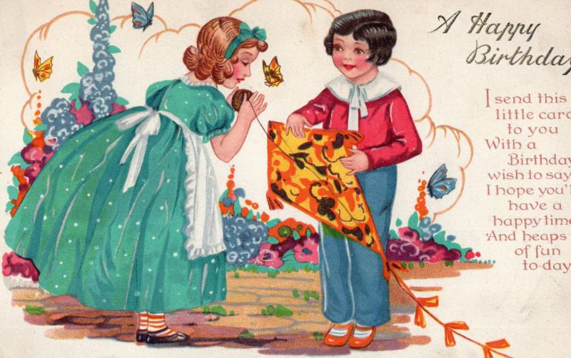 Antique Kite Flying Birthday Greetings Postcard