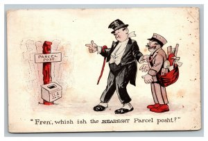 Vintage 1920 Comic Postcard Drunk Man in Tuxedo & Top Hat and Postman Joke