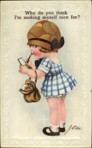 Cute Little Girl in Hat Puts on Lipstick MakeupJ. Oke c1910 Postcard