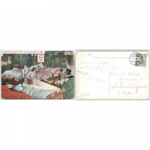 1908 Comic Postcard – Night Lodging Satire Leipzig Trade Fair, Germany Comic