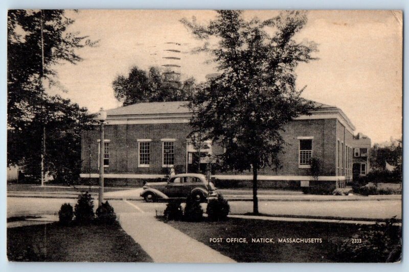 Natick Massachusetts MA Postcard Post Office Building Classic Car 1946 Vintage