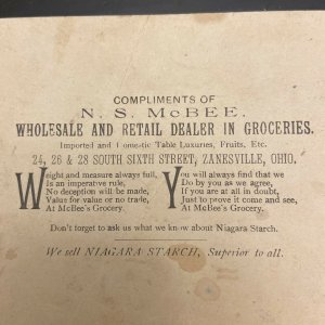 N.S. McBee Groceries Zanesville Ohio Niagara Starch Victorian Trade Card Antique