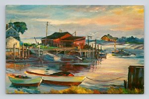 Tide River Harbor Maine Coast Boats Shorleine Docks Kennebunkport UNP Postcard