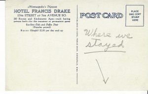 POSTCARD HOTEL FRANCIS DRAKE FIFTH AVE SOUTH MINNEAPOLIS MINNESOTA