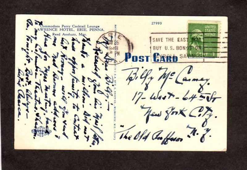 PA Commodore Perry Cocktal Lounge Hotel Lawrence Erie Pennsylvania Postcard