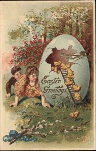 Easter Little Girl and Boy Chicks on Ladder Fantasy c1910 Vintage Postcard