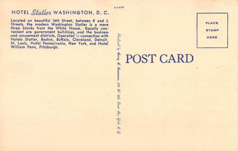 Washington DC Hotel Statler Capitol Building Vintage Postcard K88026