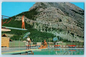 Alberta Canada Postcard Waterton Lakes Swimming Pool And Mount Crandell c1950's